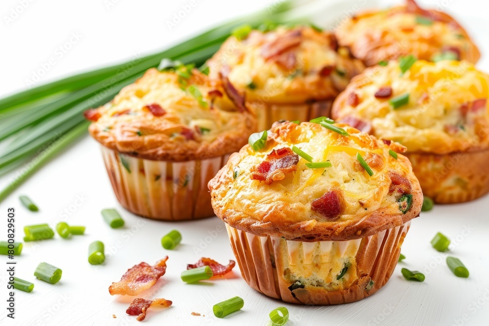 Cheesy bacon and green onion muffins on white background Cheesy bacon and green onion muffins on white background