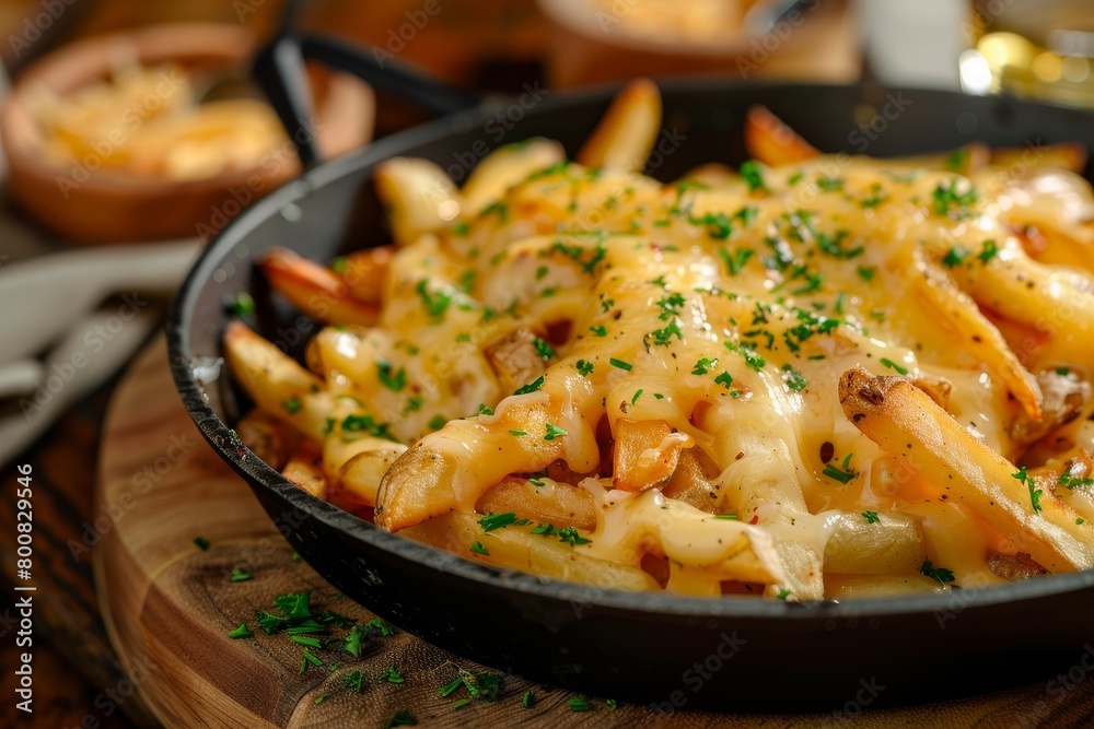 Cheesy fries with herbs in a pan on a board