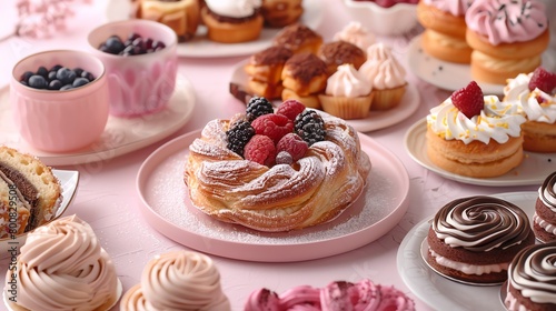 An assortment of pastries and cakes on a pink table.