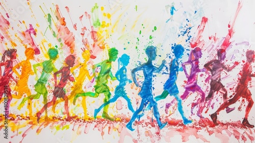 The beginning of a marathon is captured in a childrens drawing, with runners poised at the start line in a burst of colors, children drawing concept