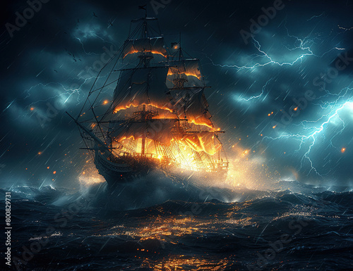 Pirate ship sailing in the middle of a storm and strong wave of the sea, the sea waves are very high and big, lightning also strkes in the middle of storm