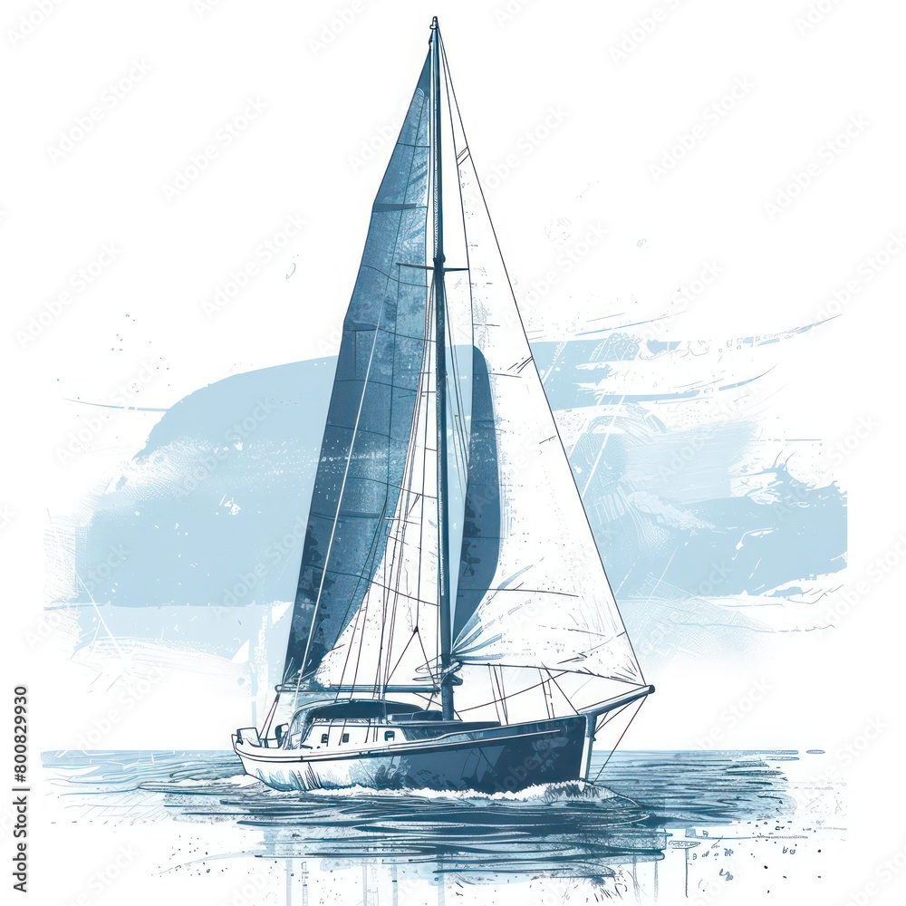 Capture the timeless beauty of a classic sailboat with vintage charm, ocean blues, serene vibes, and nautical elegance against a white background