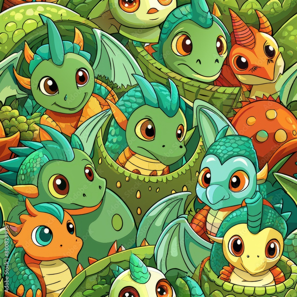 Fototapeta premium Seamless pattern of cute dragon hatchlings huddled together in a cozy nest, Generative AI