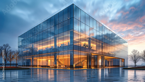  Modern office building exterior with glass walls and square shape. Created with Ai