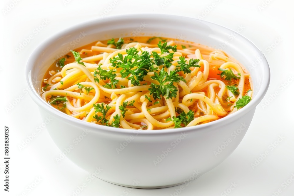 Chicken noodle soup with parsley in white bowl with spoon top view