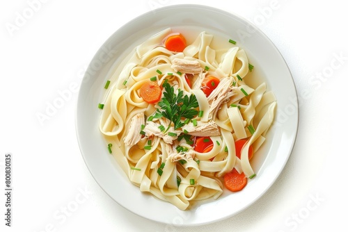 Chicken noodle soup on white background top view