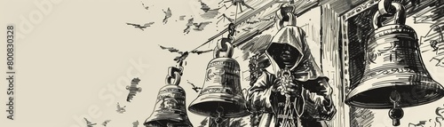 A ceremony commences with the ringing of ancient bells, illustrated in an elegant ink drawing that captures the solemn atmosphere, ink drawing concept photo