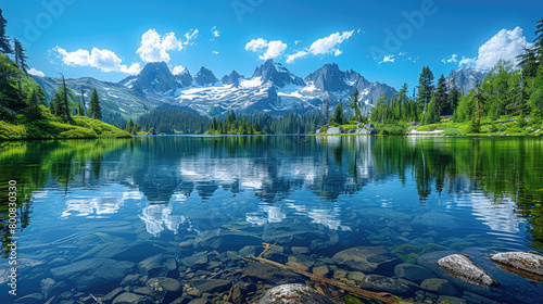Beautiful mountain landscape with lake and reflection, British Columbia Canada. Created with Ai