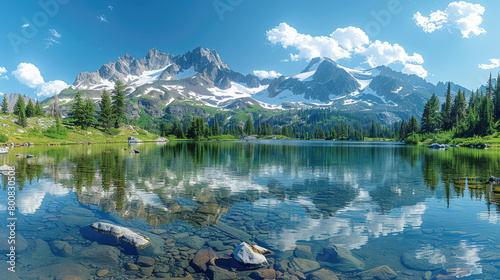 A serene mountain lake surrounded by lush greenery  reflecting the snowcapped peaks in its clear waters on a sunny day. Created with Ai