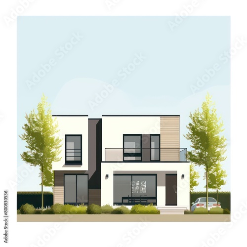 Create a modern illustration of a new suburban house, showcasing sleek design elements and contemporary architectural features in your drawing