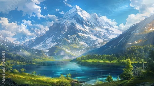 This is a beautiful landscape image of snow-capped mountains in the distance with a lake in front, surrounded by green hills and trees. The sky is blue and there are some clouds.