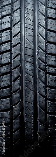 Extreme close-up reveals clean, dry, glossy tire structure, showcasing a dark, symmetrical frontal view in exquisite detail and precision
