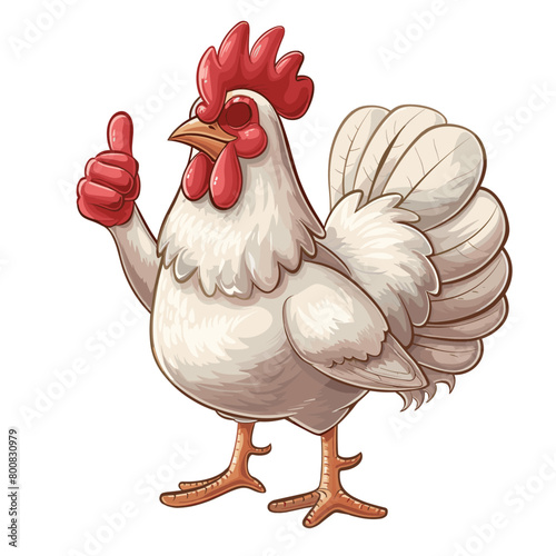 A perky rooster giving a thumbs up sign, perched on a wooden fence