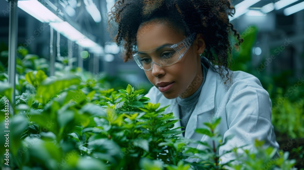 A woman in a lab coat is working with plants