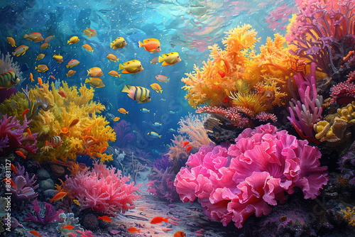 A vibrant coral reef teeming with colorful fish and intricate sea life  rendered in the detailed digital painting style. Created with Ai