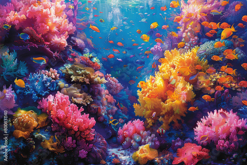 A vibrant coral reef teeming with colorful anemones and clownfish  creating a lively underwater scene. Created with Ai