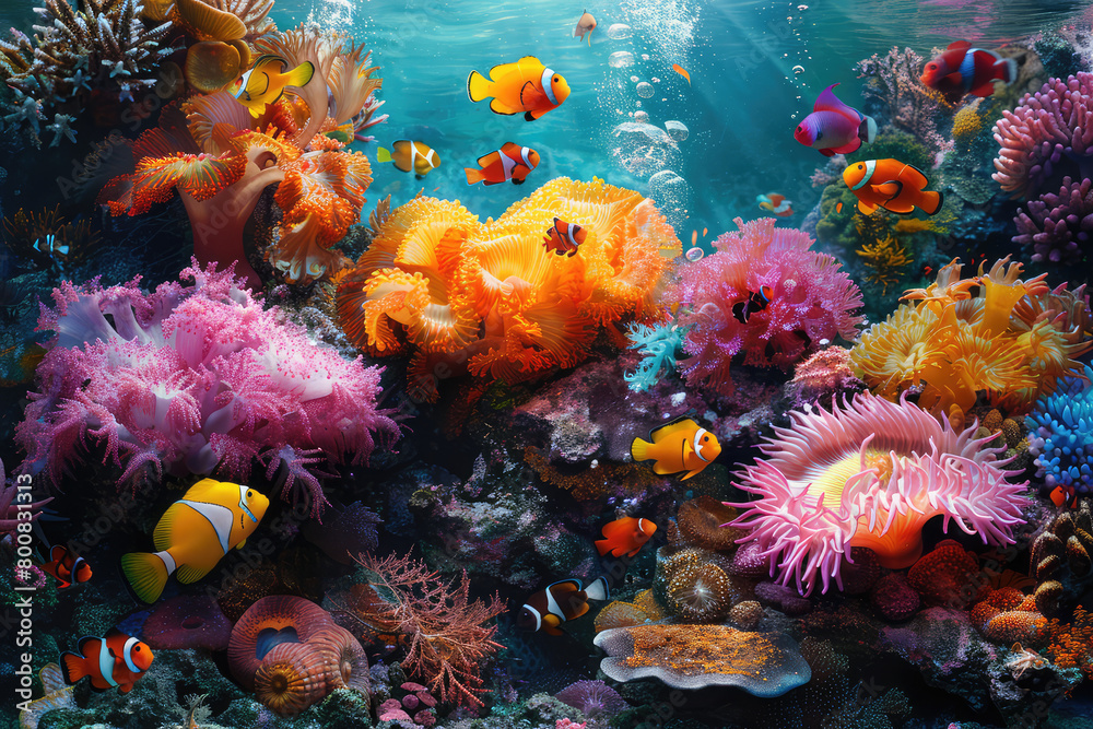 A vibrant coral reef teeming with colorful anemones and clownfish. Created with Ai