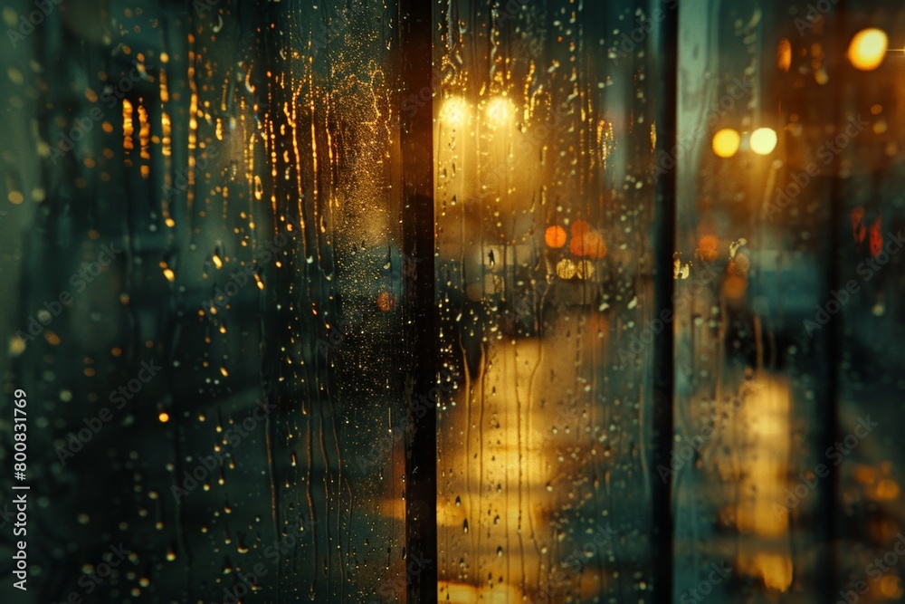 Artistic shot of raindrops on a window, with the city lights blurring in the background, Raindrops on window create a blurred, bokeh effect of golden street lights, conjuring mood of urban tranquility