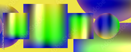 The blurred image features a colorfulness of yellow, blue, and green hues in a symmetrical pattern. The electric blue and azure rectangles create a vibrant and eyecatching design