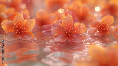   A cluster of orange blossoms hovering above a water surface  with dewdrops in the foreground