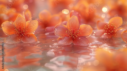  A cluster of orange blossoms hovering above a water surface, with dewdrops in the foreground