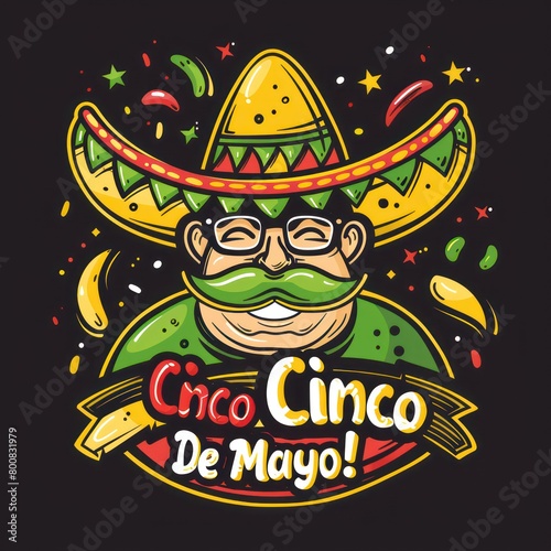 Celebrate Cinco De Mayo with a captivating logo! Picture a cheerful cartoon cactus in a colorful sombrero and charming fake mustache © beatriz