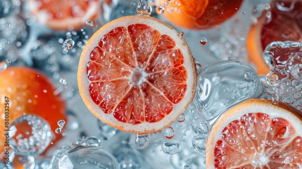 A tight shot of a halved grapefruit with ice nestled on its rims A tight shot of a halved grapefruit with ice nestled on its rims