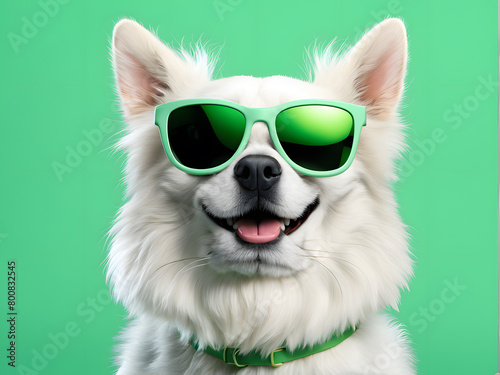 A white dog wearing sunglasses and a green collar