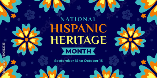 Hispanic heritage month. Vector web banner, poster, card for social media, networks. Greeting with national Hispanic heritage month text, ornament on blue background with orange, yellow color.