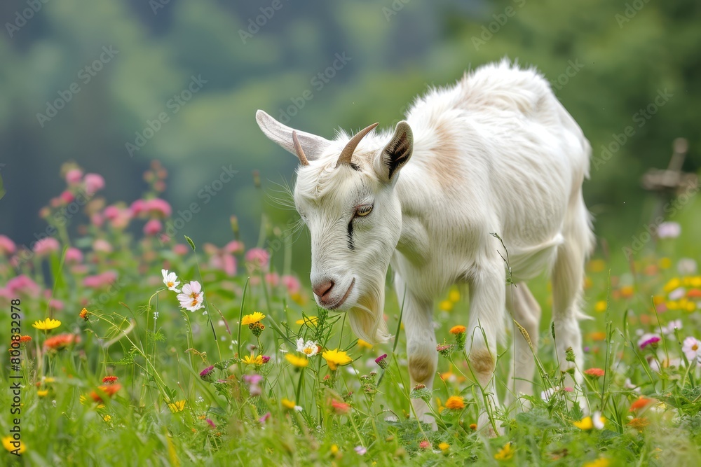 Obraz premium goat grazing in a lush green meadow with flowers