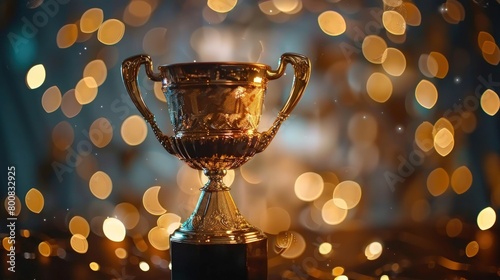 Golden trophy cup on dark background with bokeh light. Generate AI image