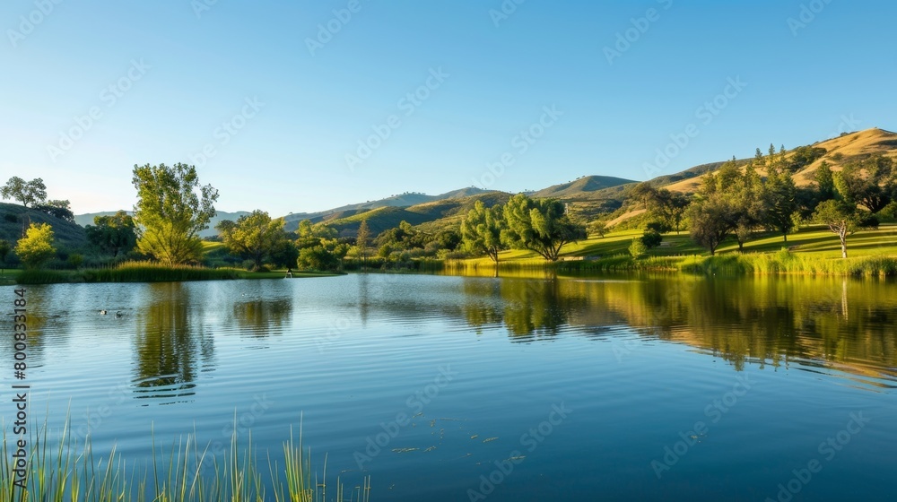 A serene lake surrounded by rolling hills where participants can go on nature walks and engage in calming activities to reduce stress and improve brain health..