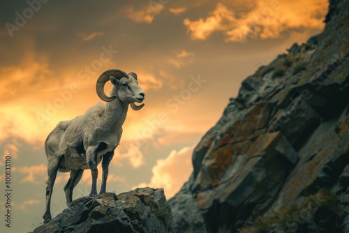 majestic ram standing proudly on a rocky photo