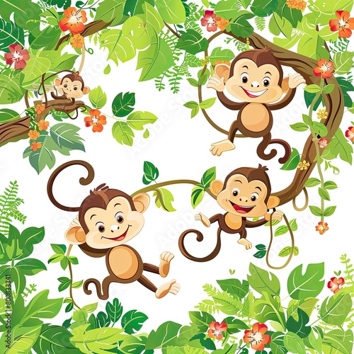 Jungle safari with playful monkeys swinging from vine to vine  