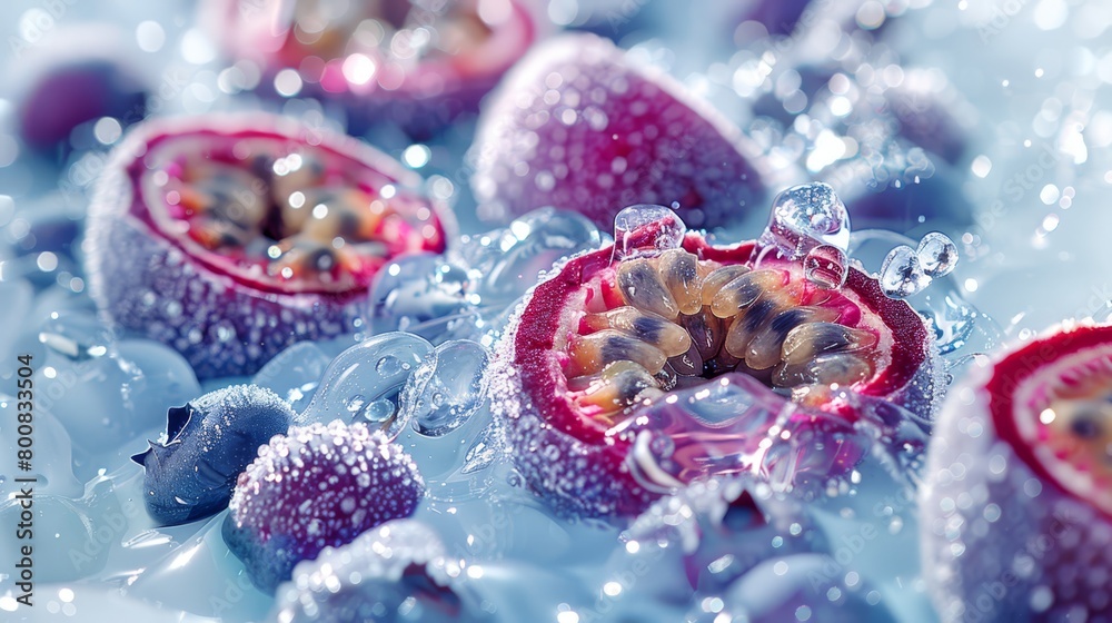 A tight shot of various fruits, some bearing water droplets within and others coated externally with small beads of water A tight shot of various fruits, some bearing water droplets within and others coated externally with small beads of water