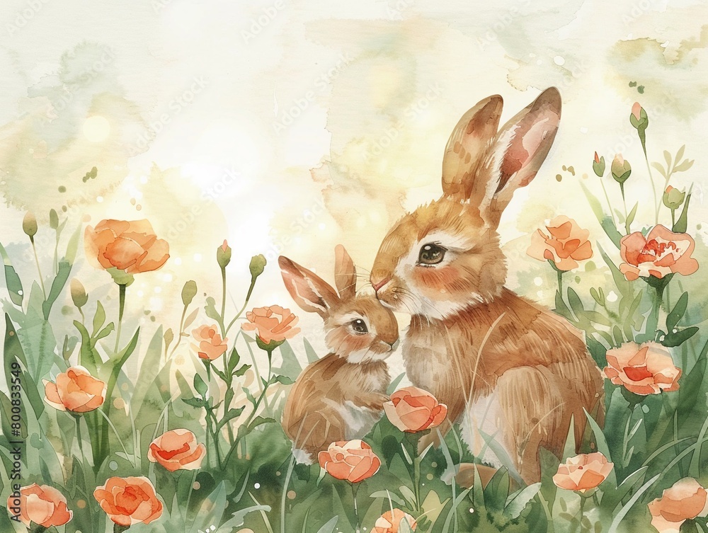 Hand drawn watercolor scene, rabbit and bunny in a carnation field, Mother s Day theme, bright pastel colors, serene sunlit backdrop