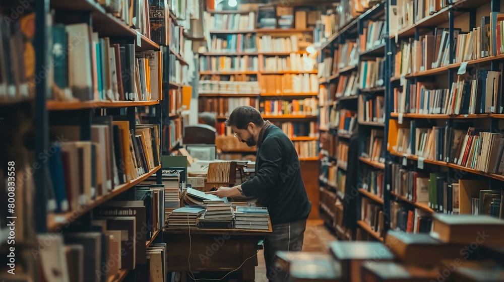 A man is browsing through a library, looking at books on a table. The library is filled with bookshelves, and there are many books on the shelves. The atmosphere is quiet and peaceful A man is browsing through a library, looking at books on a table. The library is filled with bookshelves, and there are many books on the shelves. The atmosphere is quiet and peaceful