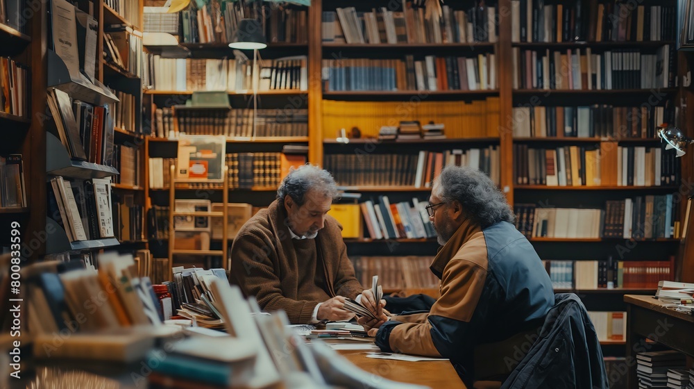 Two men are sitting at a table in a library, talking to each other. The library is filled with books, and there are several shelves with books on them. Scene is calm and intellectual Two men are sitting at a table in a library, talking to each other. The library is filled with books, and there are several shelves with books on them. Scene is calm and intellectual