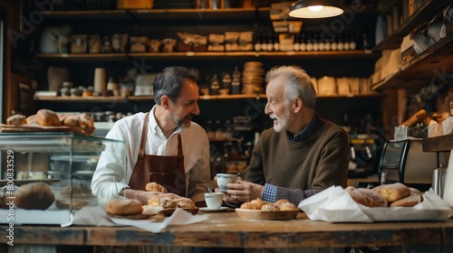 Two men are sitting at a table in a bakery, enjoying coffee and pastries. The atmosphere is warm and friendly, with the men smiling and chatting. The bakery is filled with delicious treats