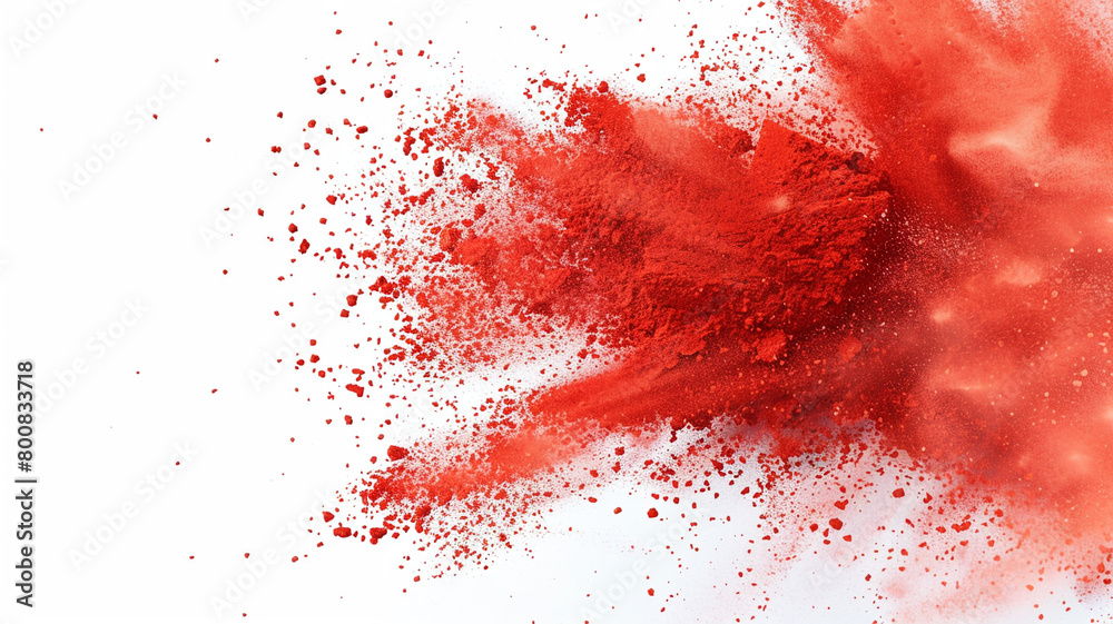 dynamic explosion of red chalk particles bursting across a pristine white backdrop