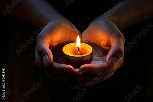 Hands holding a candle lighting it up on a black background. Generate AI image