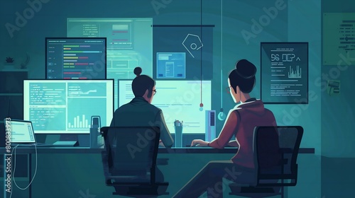 Two people are sitting at a computer desk, working on a project. The room is dimly lit, and the computer monitors are glowing brightly. Scene is focused and serious