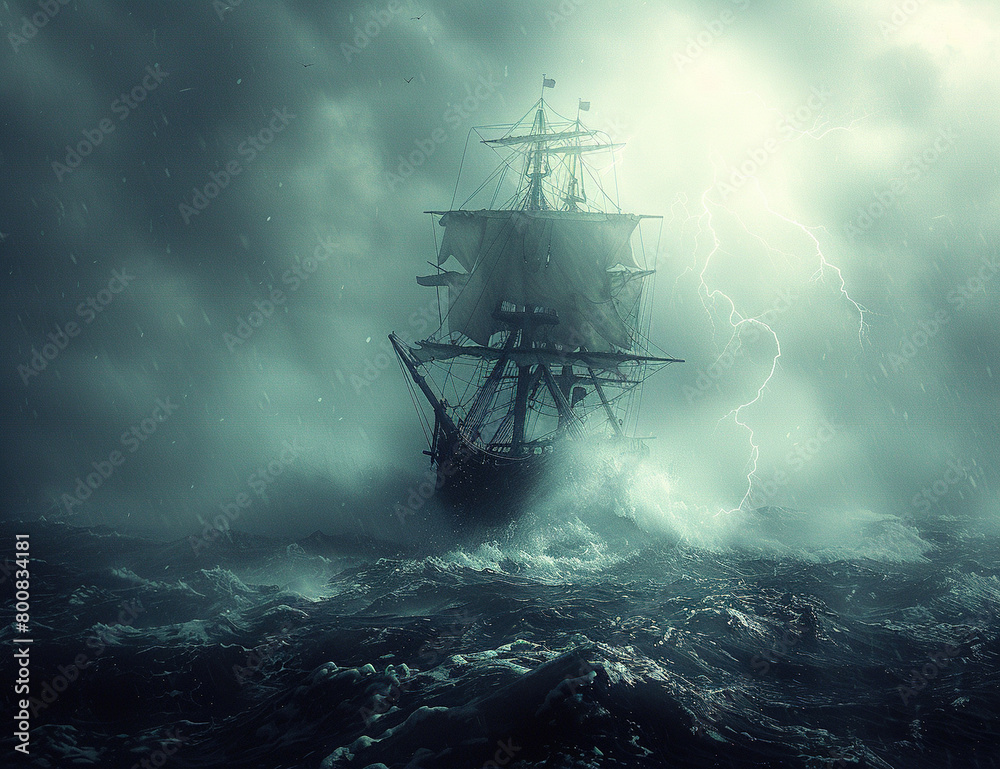 Pirate ship sailing in the middle of a storm and strong wave of the sea, the sea waves are very high and big, lightning also strkes in the middle of storm