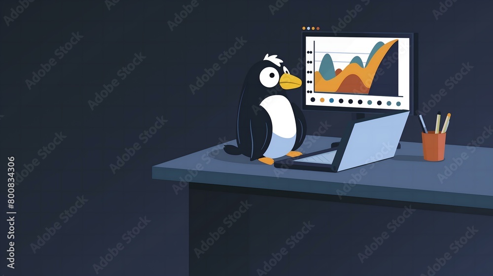 A penguin is sitting on a desk in front of a computer monitor. The ...