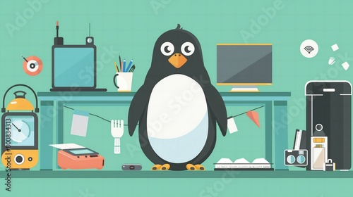 A penguin is standing on a desk with various items such as a laptop, a keyboard, a mouse, a cell phone, a cup, a bowl, a book, a clock, a remote, a keyboard, a mouse, a laptop,