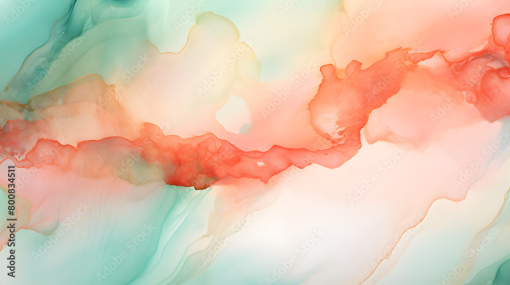 Digital coral and mint green watercolor marble abstract graphic poster background