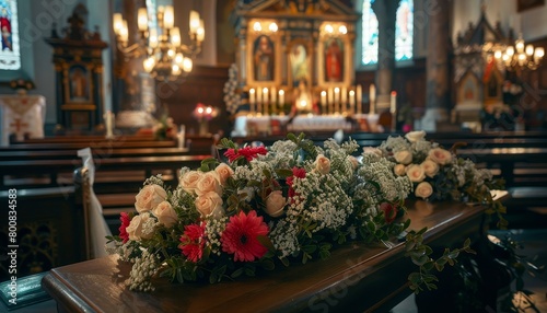 Church funeral service with flowered coffin