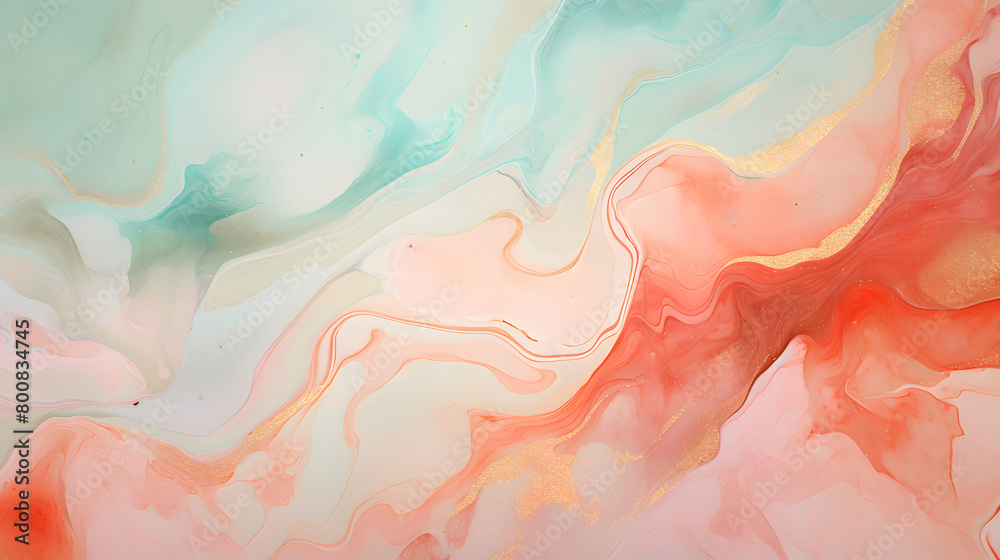 Fototapeta premium Digital coral and mint green watercolor marble abstract graphic poster background