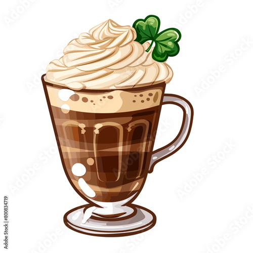festive cup of coffee decorated with whipped cream and a shamrock for St. Patrick's Day