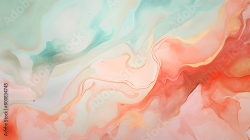 Digital coral and mint green watercolor marble abstract graphic poster background